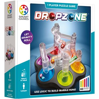 Caixa do jogo SmartGames Drop Zone, mostrando o tabuleiro montado com pistas de berlindes e as indicações de 1 jogador, idades 8+, e 80 desafios.
