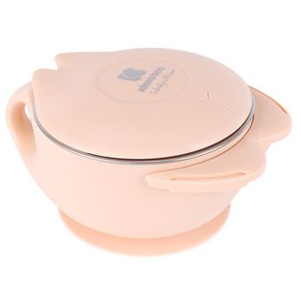 Termo de sólidos Kikkaboo em tom rosa pêssego com tampa e base de silicone, apresentando um design suave com alças laterais.