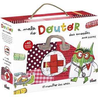 Caixa da Mala do Doutor das Emoções de Anna Llenas, mostrando o Monstro das Cores vestido de médico e a mala de cartão com mais de 40 recursos.