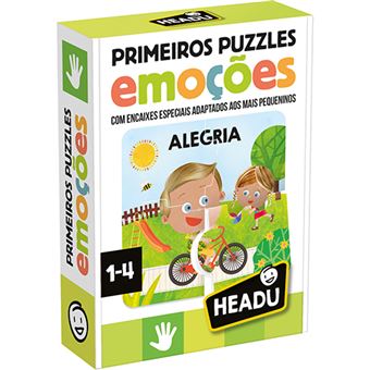 Caixa do jogo de puzzle Headu Primeiros Puzzles Emoções, exibindo a peça de "Alegria" e a indicação de idade 1-4 anos.