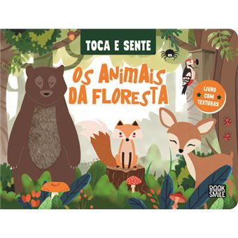 Capa do livro infantil 'Toca e Sente - Os Animais da Floresta', mostrando ilustrações de um urso, uma raposa e um veado num cenário de floresta.