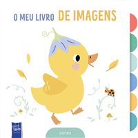 Capa de secção do livro "O Meu Livro de Imagens", apresentando um pato amarelo e ilustrações de natureza, com a aba de categoria "cores".