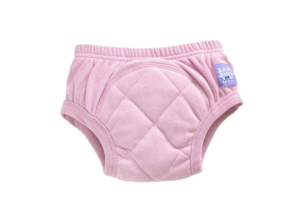 Cueca de aprendizagem Bambino Mio Potty Training Pants lisa em cor-de-rosa, com detalhe da zona absorvente acolchoada.