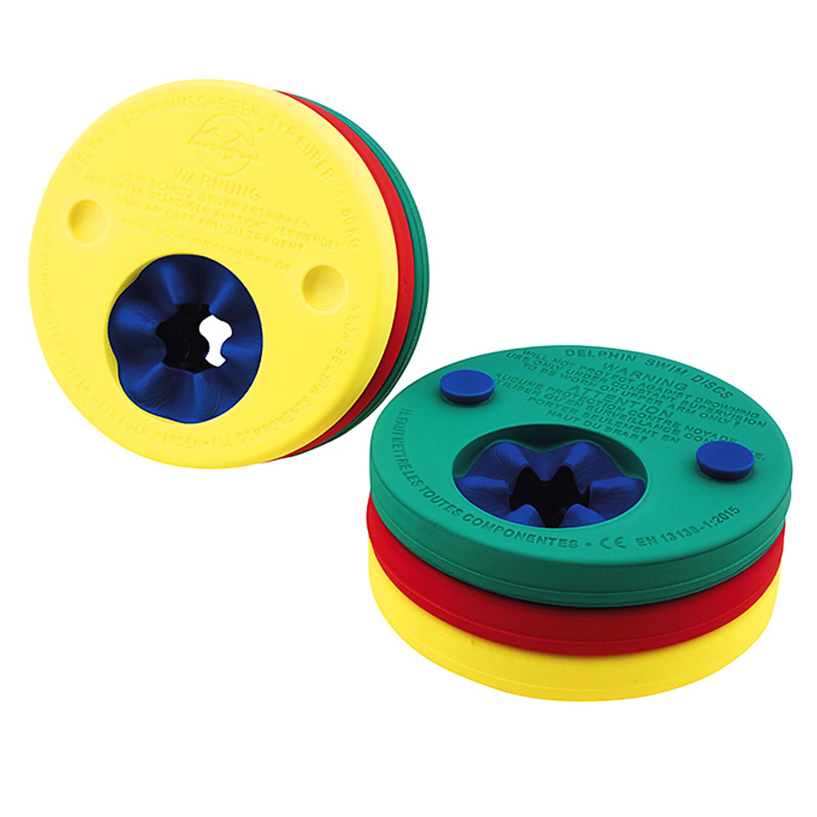Um par de Delphin Discs - discos delfins, braçadeiras flutuador evolutivas, empilhadas, mostrando as cores (amarelo, verde, vermelho) e as inscrições de segurança em vários idiomas.