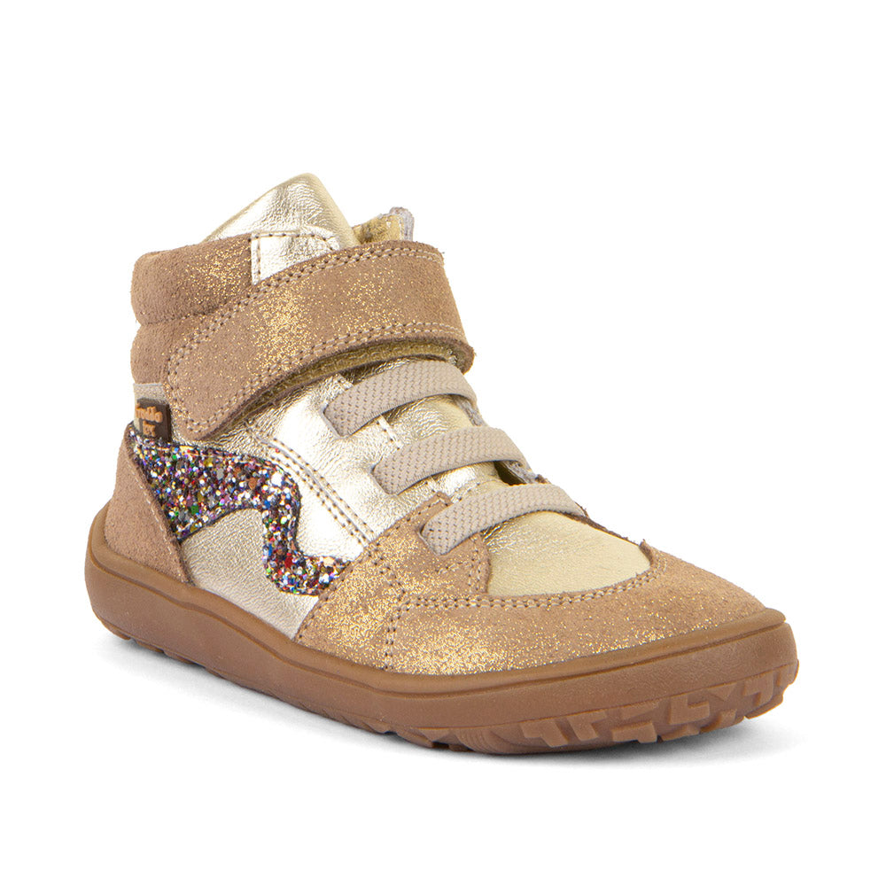 Bota Froddo Barefoot Impermeável TEX Autumn Gold+ para criança, vista de lado, exibindo o design dourado e o detalhe com brilhos.