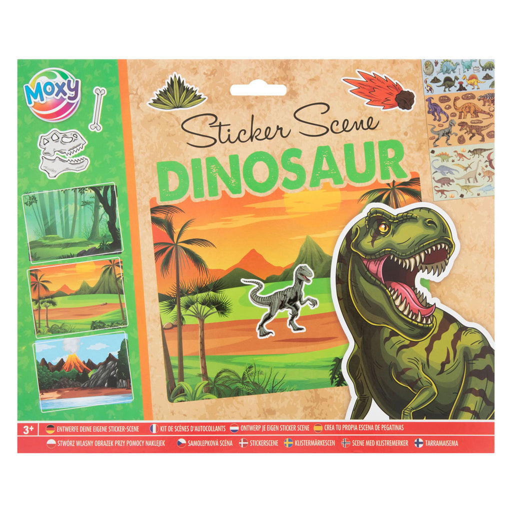 Detalhe da embalagem do kit Moxy Sticker Scene Dinossauro, exibindo um T-Rex em primeiro plano e os três fundos de cenário pré-cortados.