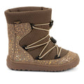 Bota barefoot Froddo TEX TRACK WOOL em dourado com brilho, impermeável e forrada a lã, vista de perfil