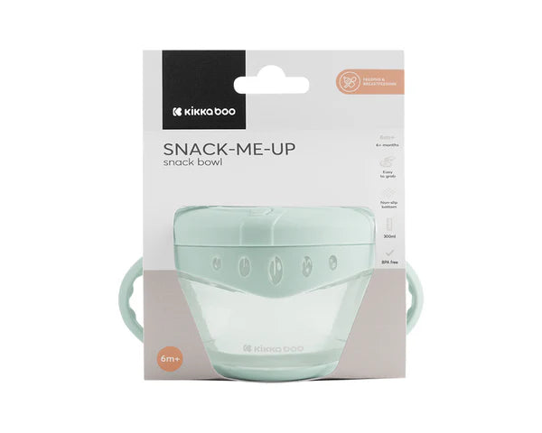 Embalagem do porta snacks Kikkaboo Snack-Me-Up Mint, destacando a idade 6m+, capacidade 300ml, e ser livre de BPA.