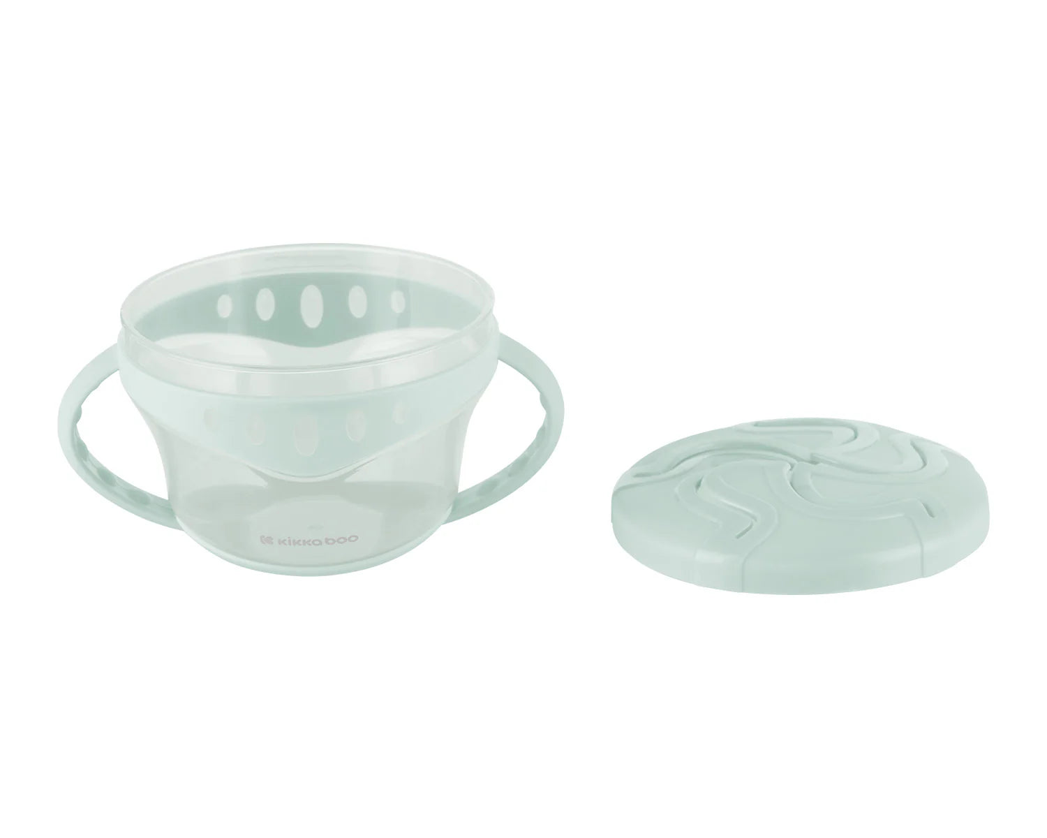 Porta snacks Kikkaboo Snack-Me-Up Mint desmontado, mostrando o recipiente transparente com pegas e a tampa flexível separada.