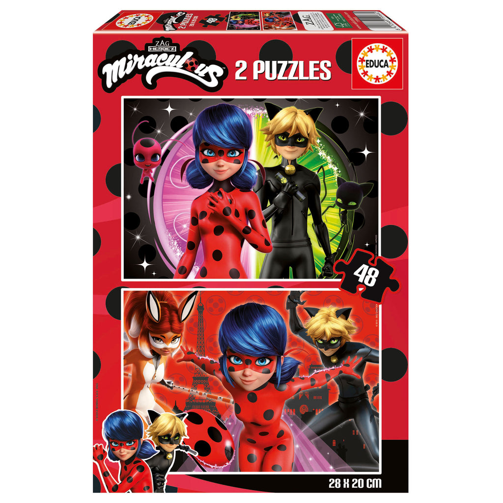 Caixa do Educa Puzzle Ladybug 2x48, mostrando duas cenas de ação com as personagens Ladybug, Cat Noir e Rena Rouge do universo Miraculous.