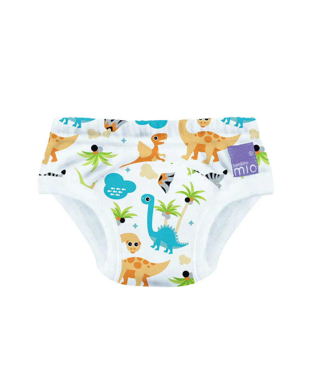 Cueca de aprendizagem Bambino Mio Potty Training Pants (Dino) com padrão de dinossauros em fundo branco, vista frontal.