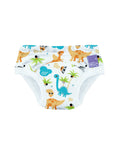 Cueca de aprendizagem Bambino Mio Potty Training Pants (Dino) com padrão de dinossauros em fundo branco, vista frontal.