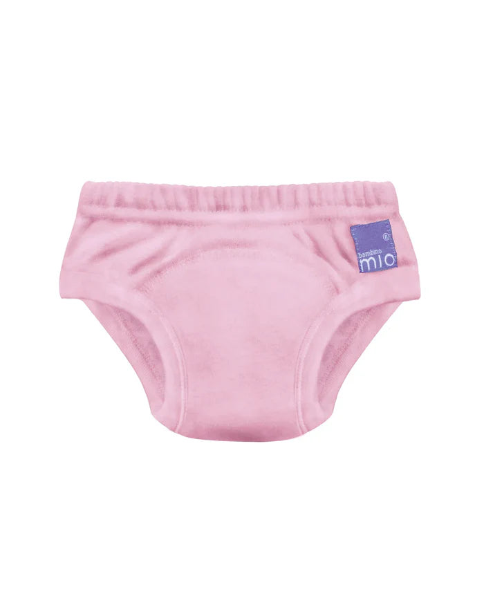 Cueca de aprendizagem reutilizável Bambino Mio Potty Training Pants em rosa claro, vista frontal sobre fundo branco.