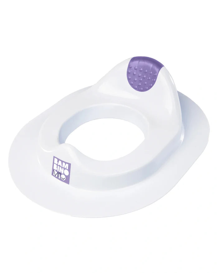 O Redutor de Sanita Bambino Mio em branco com um detalhe roxo texturizado na parte traseira, visto de um ângulo superior sobre um fundo branco.