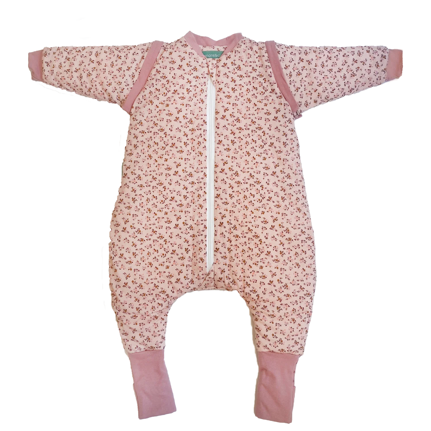 Saco de dormir com pés MolisandCo TOG 2.5 Misty Rose, com padrão floral e fecho frontal, isolado sobre fundo branco.