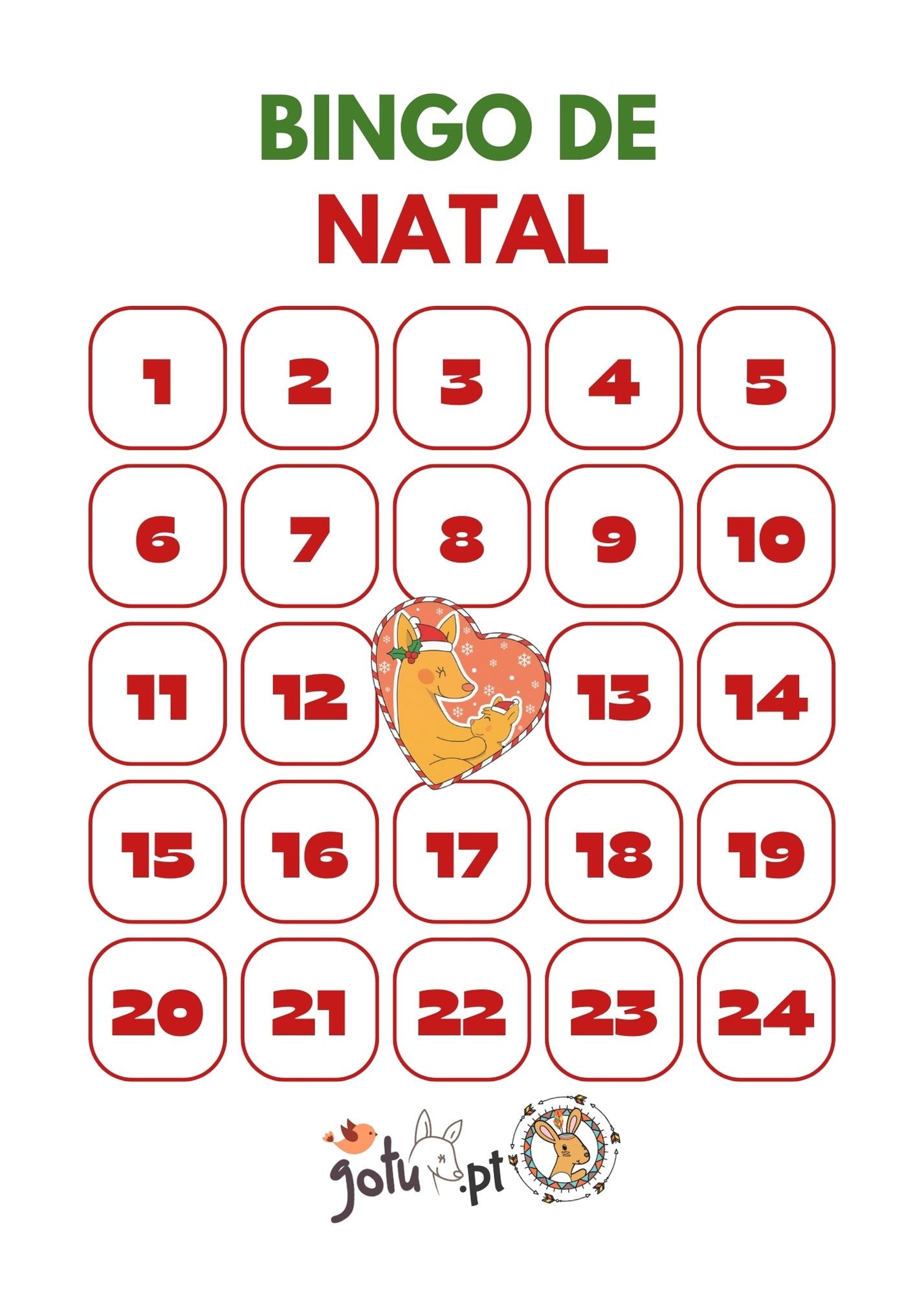 Grelha do Bingo de Natal da Gotu com 24 números para atividades de advento e ilustração de um porco-espinho festivo.