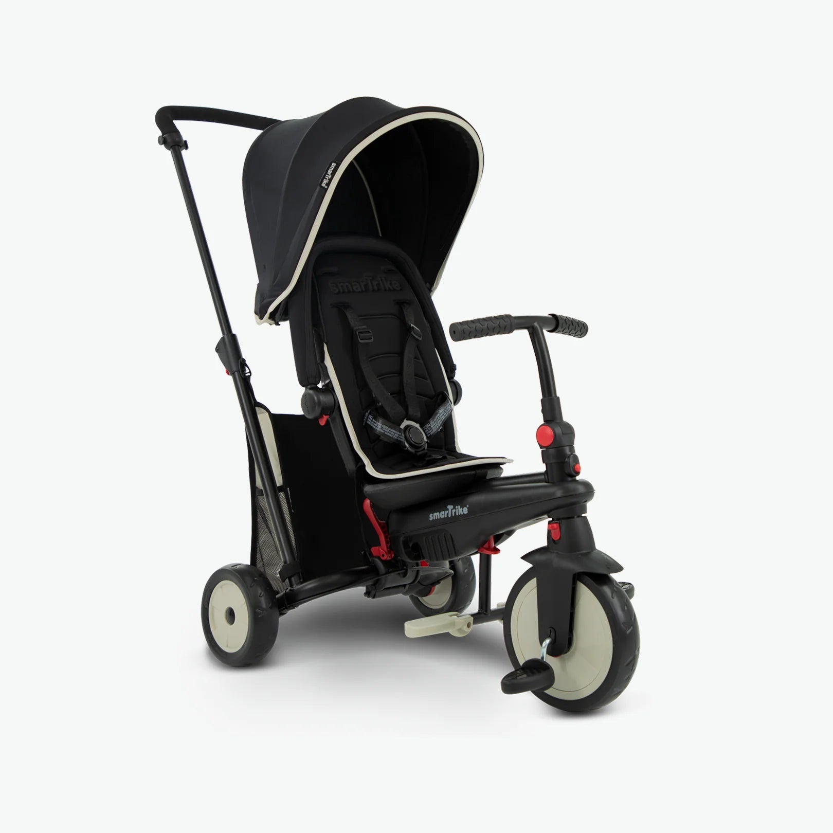 Triciclo convertível SMARTRIKE 5-em-1 STR3 em preto e creme, ideal para passeios confortáveis desde os 10 meses de idade.