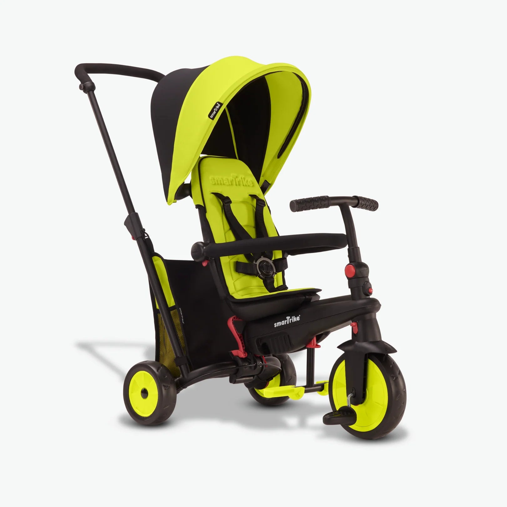 Triciclo para bebé SMARTRIKE 5-em-1 STR3 em verde lima, mostrando o design moderno e a estrutura robusta para total segurança.