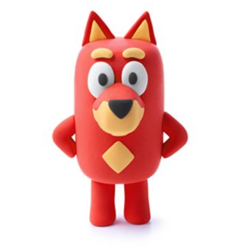 Figura detalhada da personagem Rusty da série Bluey, criada com a pasta de modelar HEY CLAY, em vermelho e amarelo.