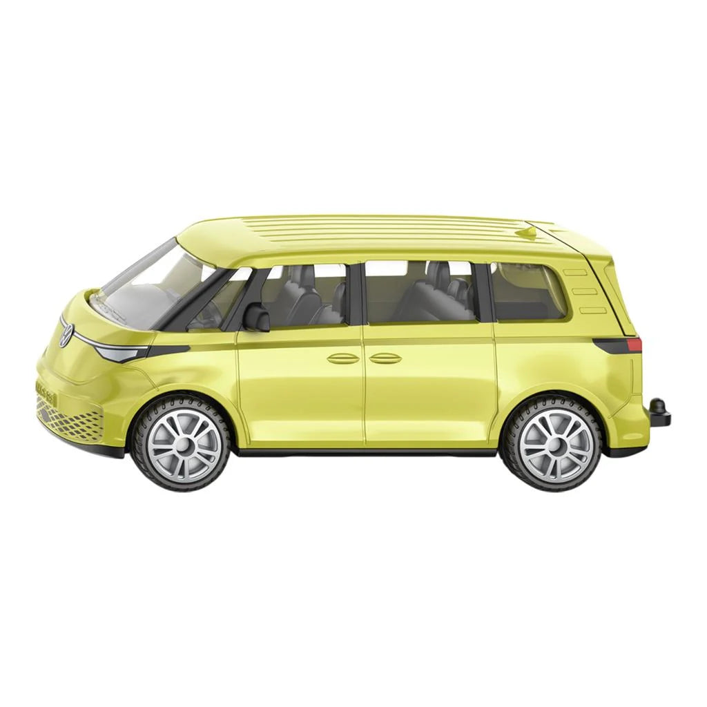 Vista lateral da miniatura SIKU do Volkswagen ID. Buzz na cor verde lima brilhante, com janelas escuras e rodas detalhadas.