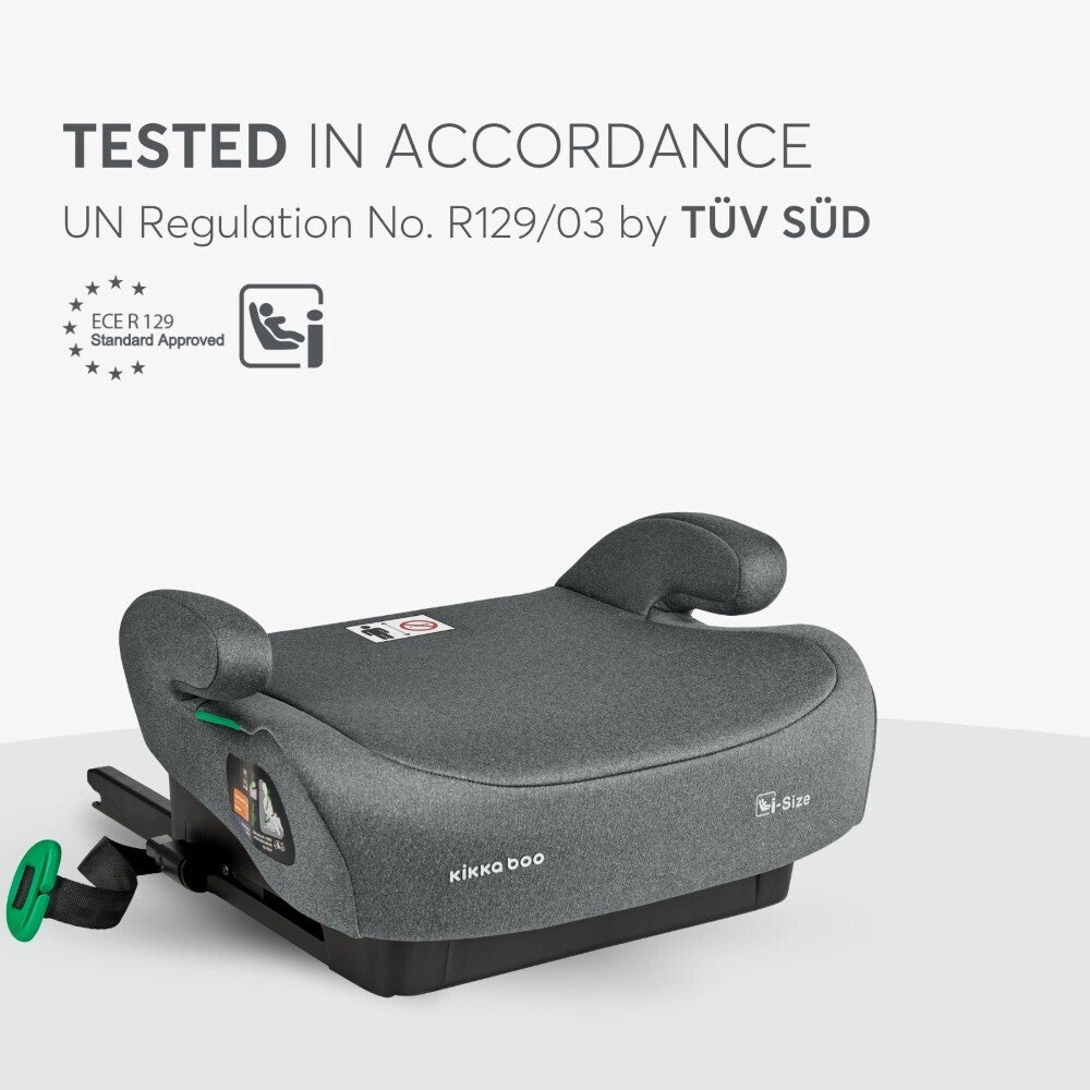 Cadeira auto elevatória KikkaBoo i-Size cinzenta, testada e aprovada segundo a norma R129/03 pela TÜV SÜD.