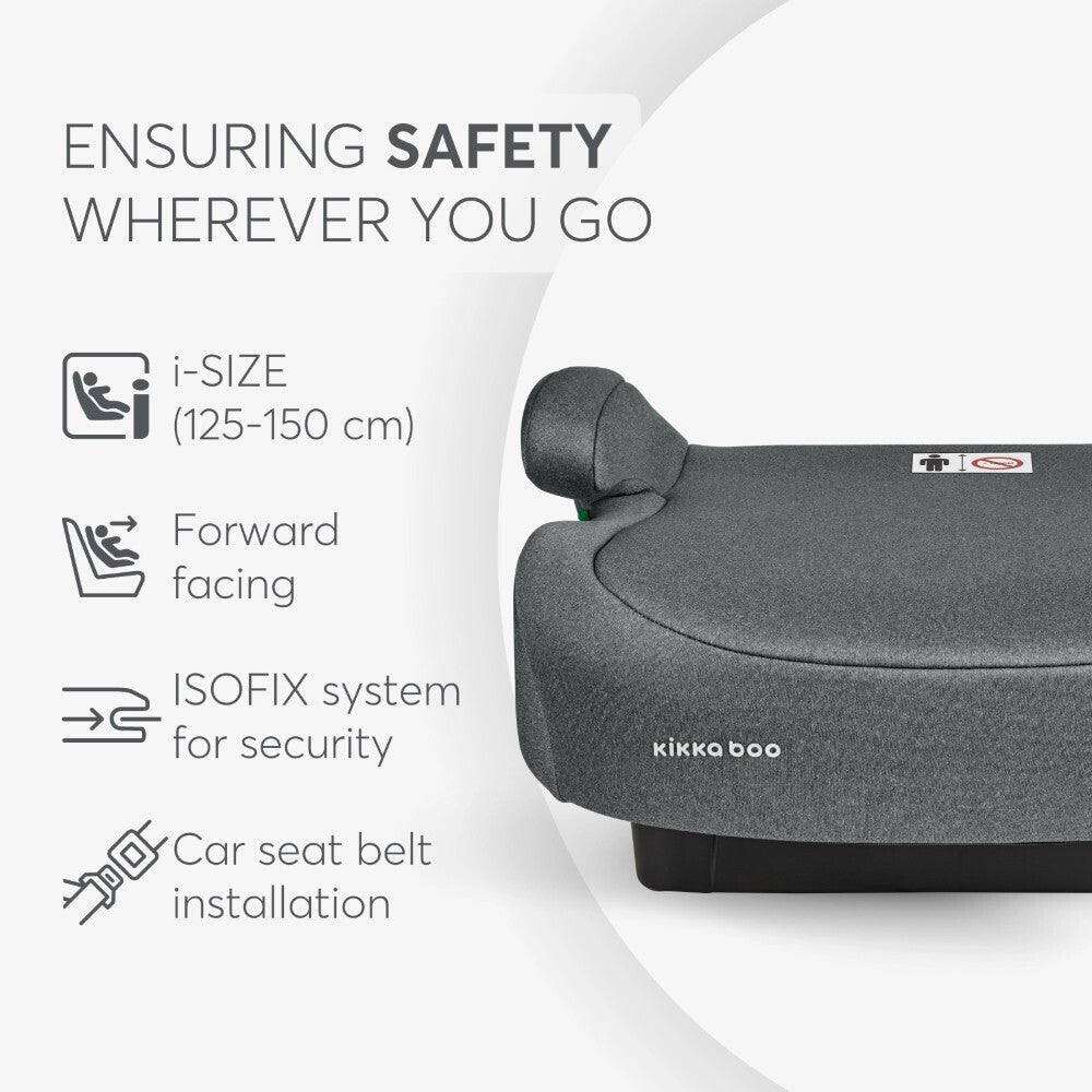 Gráfico informativo sobre as características de segurança da cadeira auto i-Size: uso forward-facing, sistema ISOFIX e instalação com cinto de segurança do carro.