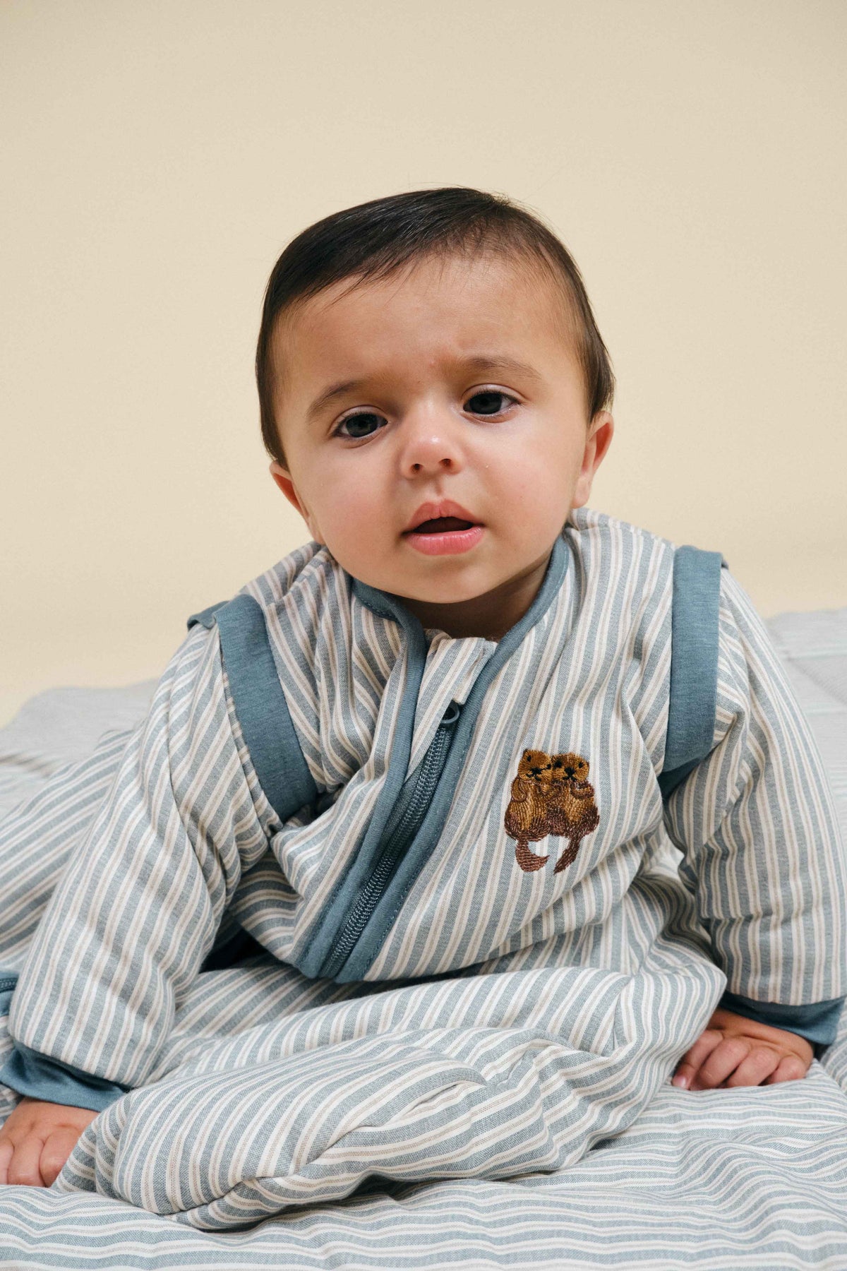 Saco de dormir de bebé MolisandCo TOG 2.5 com mangas no padrão Blue Stripes, visto de frente