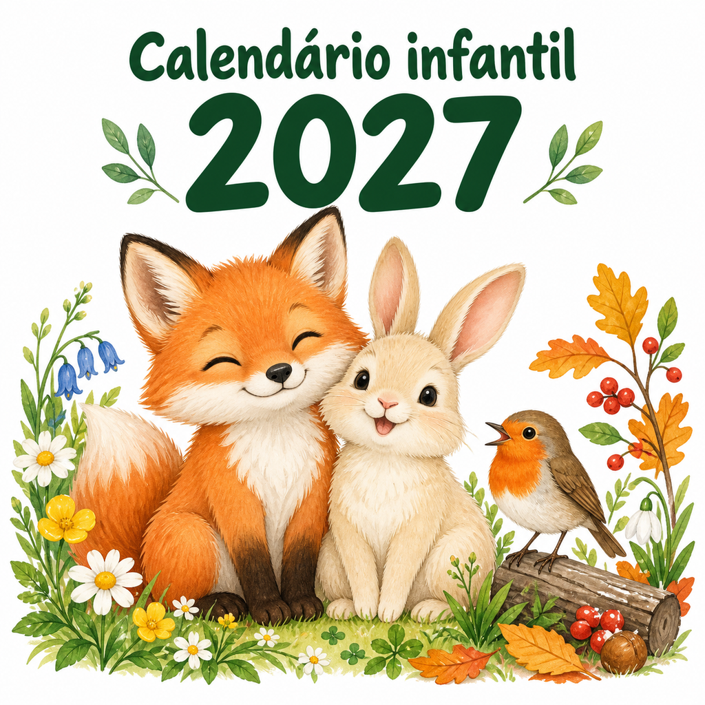 Capa do Calendário Infantil 2027 da Gotu, com uma raposa e um coelho a ler um livro