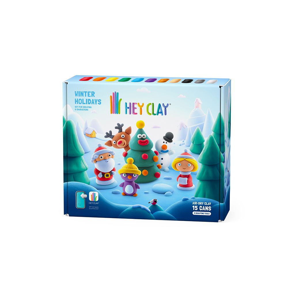 HEY CLAY - Conjunto de Pasta de Modelar Winter Holidays em caixa, mostrando personagens como Pai Natal, rena e boneco de neve.