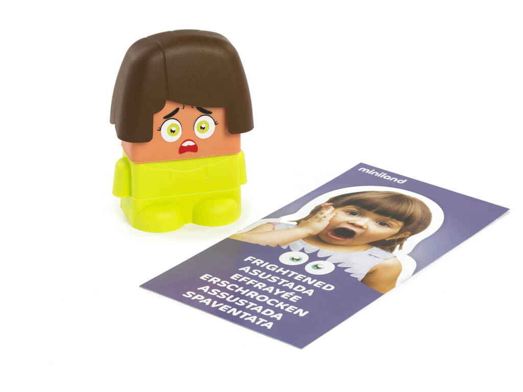 Detalhe de uma personagem "Emoti Block" com expressão de susto e uma carta de atividade que mostra uma criança assustada e a palavra "FRIGHTENED".