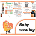 Infografia completa sobre babywearing com secções de Tipos, Importante, Regra Ticks, Benefícios e Complicado, incluindo tabela de idades por tipo de carregador e um QR code para vídeos.