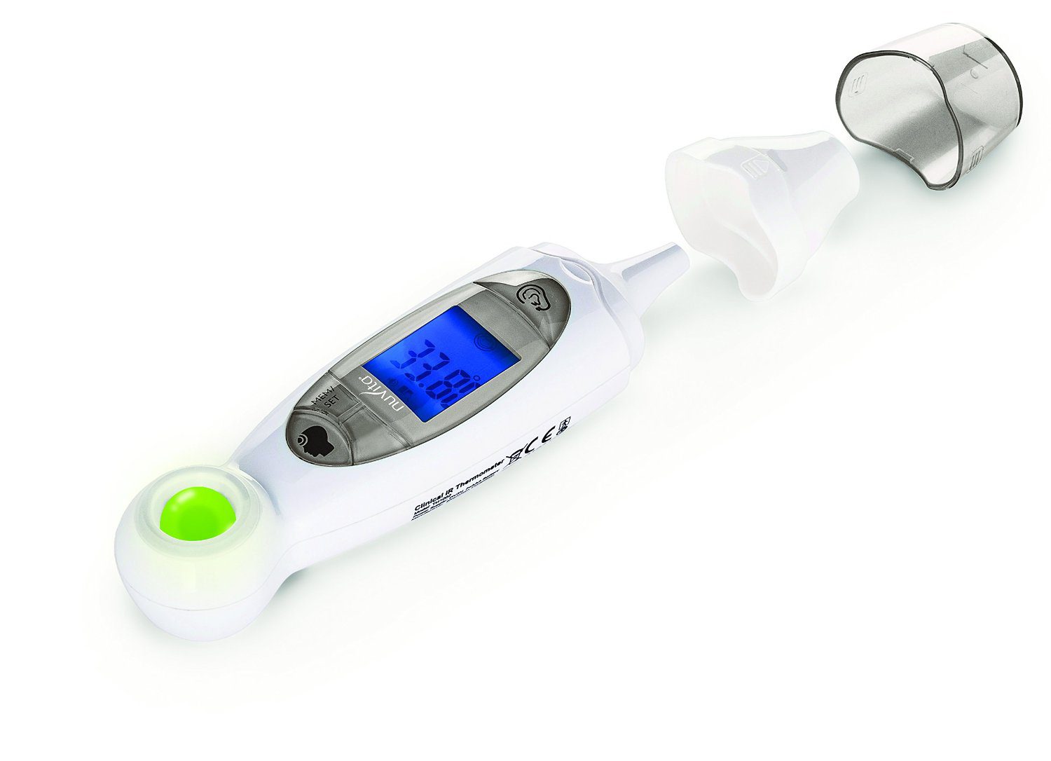Termómetro digital Nuvita 2 em 1, para medição frontal e de ouvido, com ecrã LCD retroiluminado a azul e tampa de proteção da sonda.