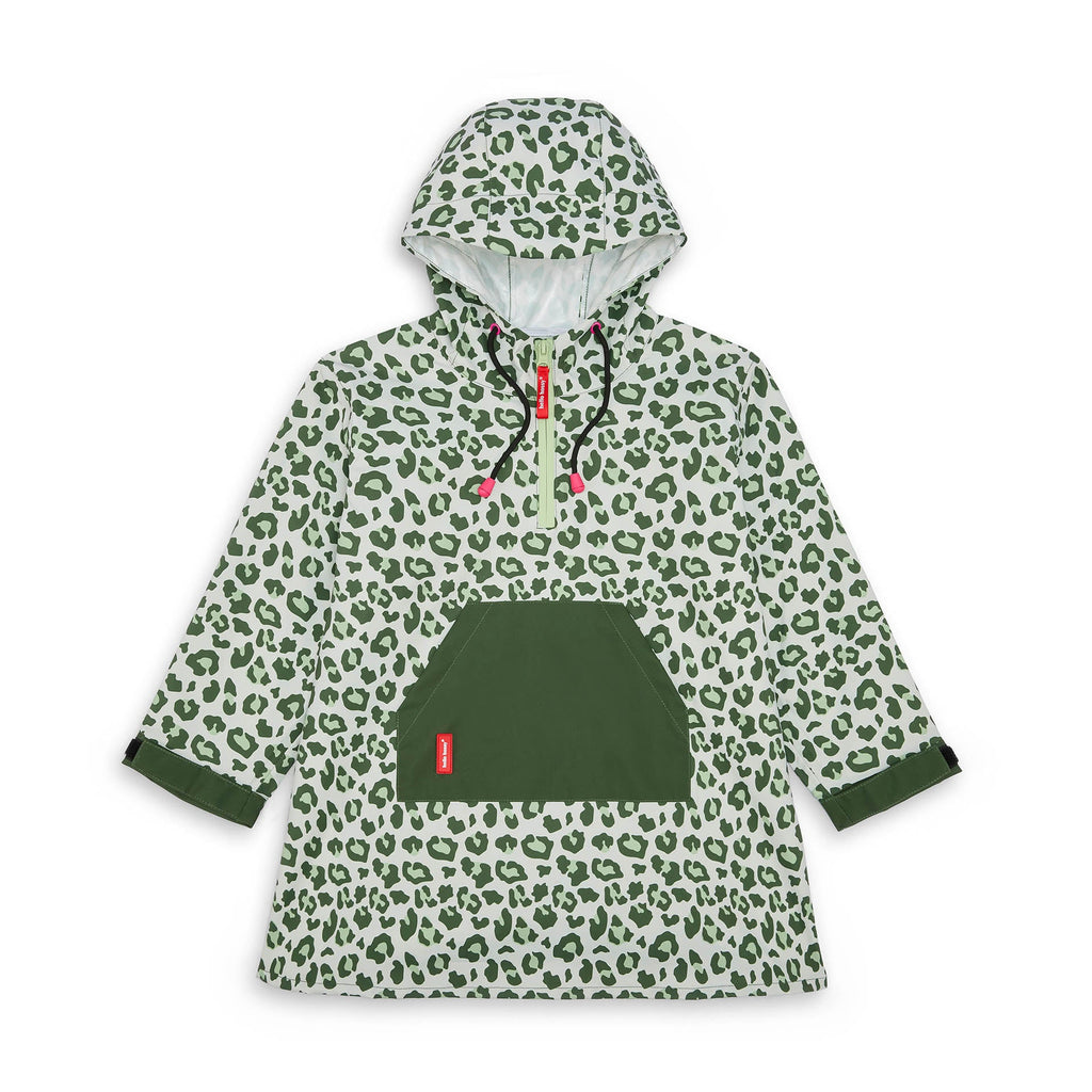 Poncho impermeável Hello Hossy Green Leopard para criança, com capuz e bolso canguru frontal (vista 2)