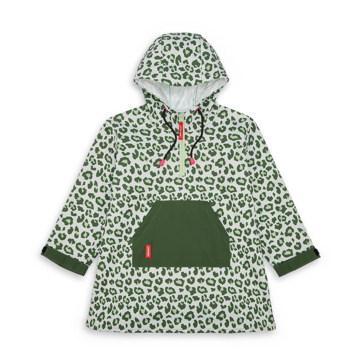 Poncho impermeável Hello Hossy Green Leopard para criança, com capuz e bolso canguru frontal (vista 2)