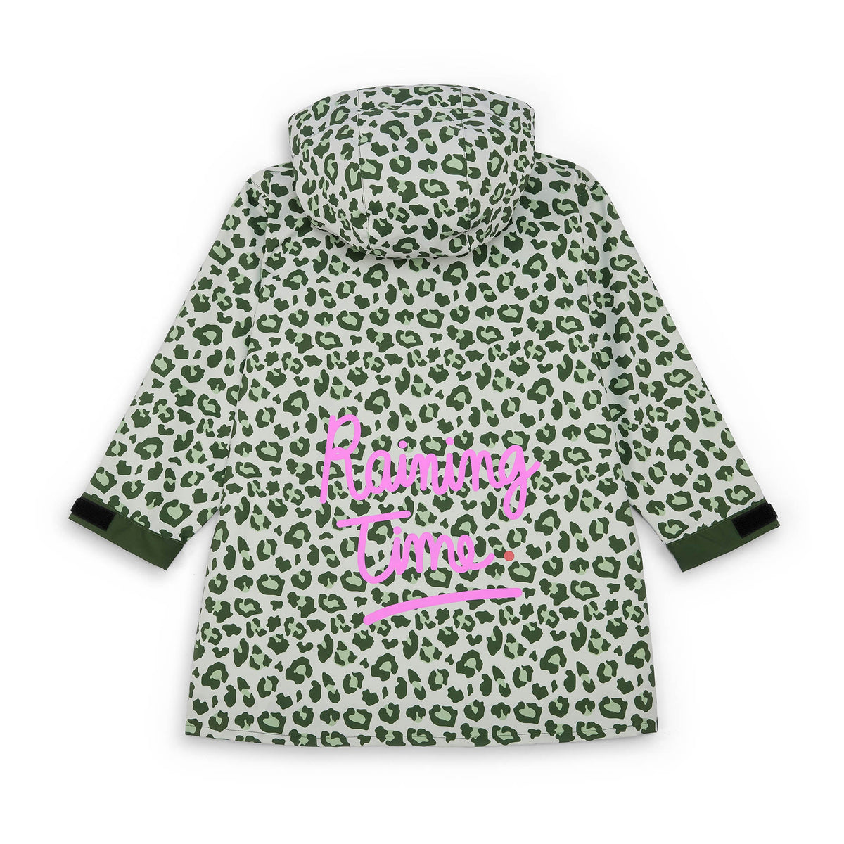 Poncho impermeável Hello Hossy Green Leopard para criança, com capuz e bolso canguru frontal (vista 3)