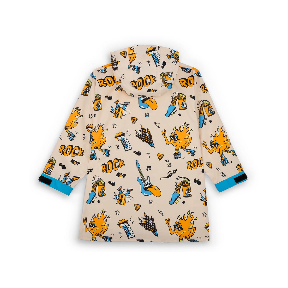 Poncho impermeável Hello Hossy Rock n Fire para criança, com capuz e bolso canguru frontal (vista 3)