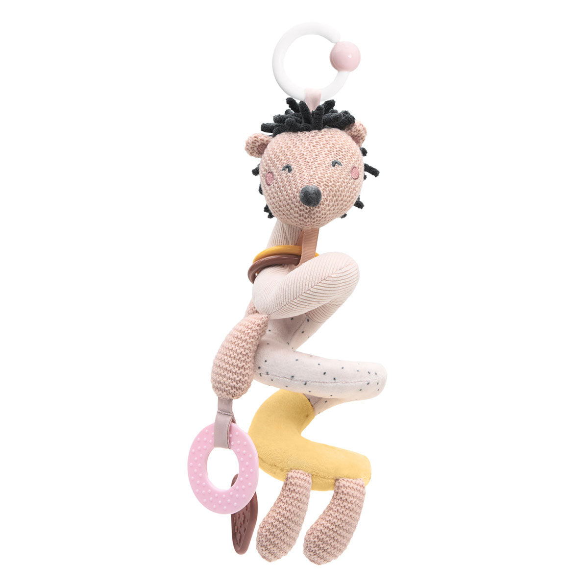 Kikkaboo Espiral Vertical Hedge Hugs, um brinquedo de atividades macio em tons pastel de bege, amarelo e rosa, com um personagem de ouriço e mordedor rosa.