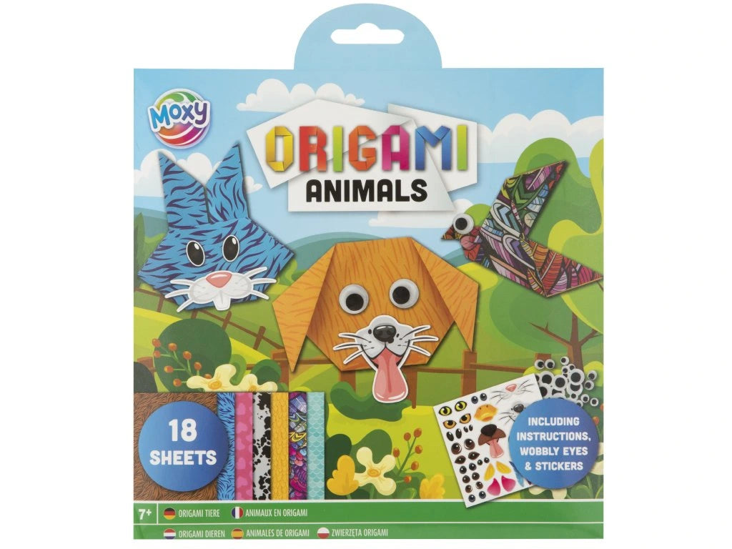 Embalagem do kit de origami "Moxy Origami Animals", mostrando o conteúdo principal: 18 folhas, autocolantes e olhos móveis, com um cão e um gato em destaque.