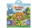 Embalagem do kit de origami "Moxy Origami Animals", mostrando o conteúdo principal: 18 folhas, autocolantes e olhos móveis, com um cão e um gato em destaque.