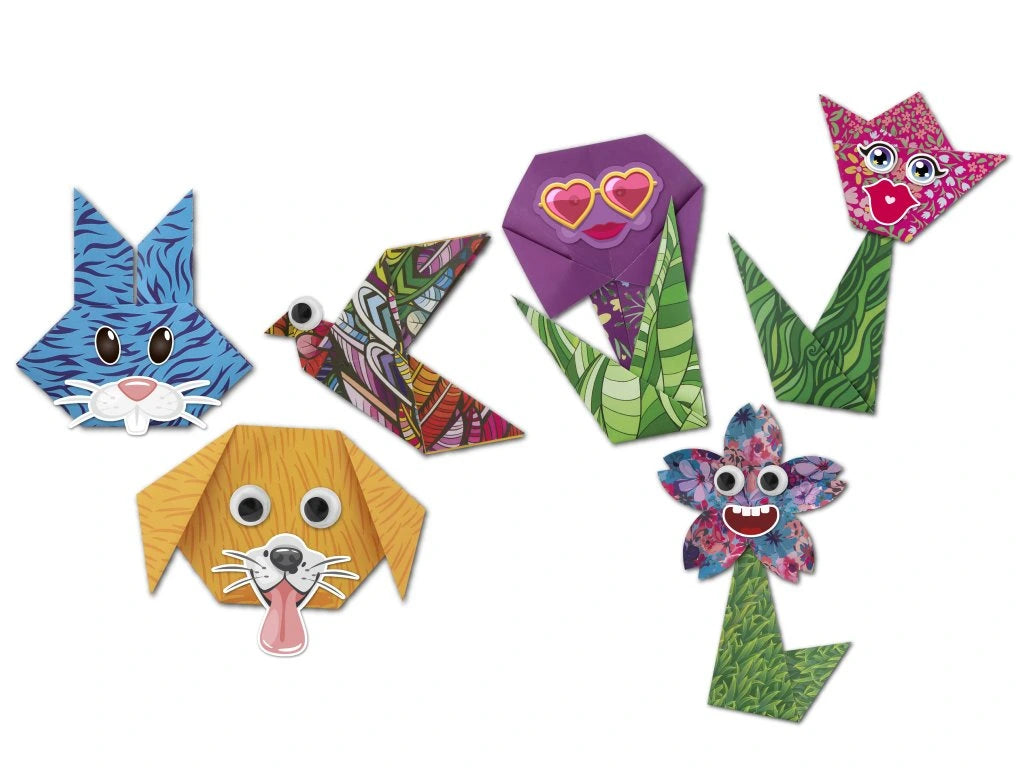 Exemplos de figuras de origami finalizadas, incluindo um gato azul, um cão, um pássaro colorido, uma flor com óculos de sol e duas flores com rostos divertidos.