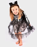 Vestido de esqueleto da Den Goda Fen com saia prateada e fita de cabelo com caveira, disfarce de Halloween