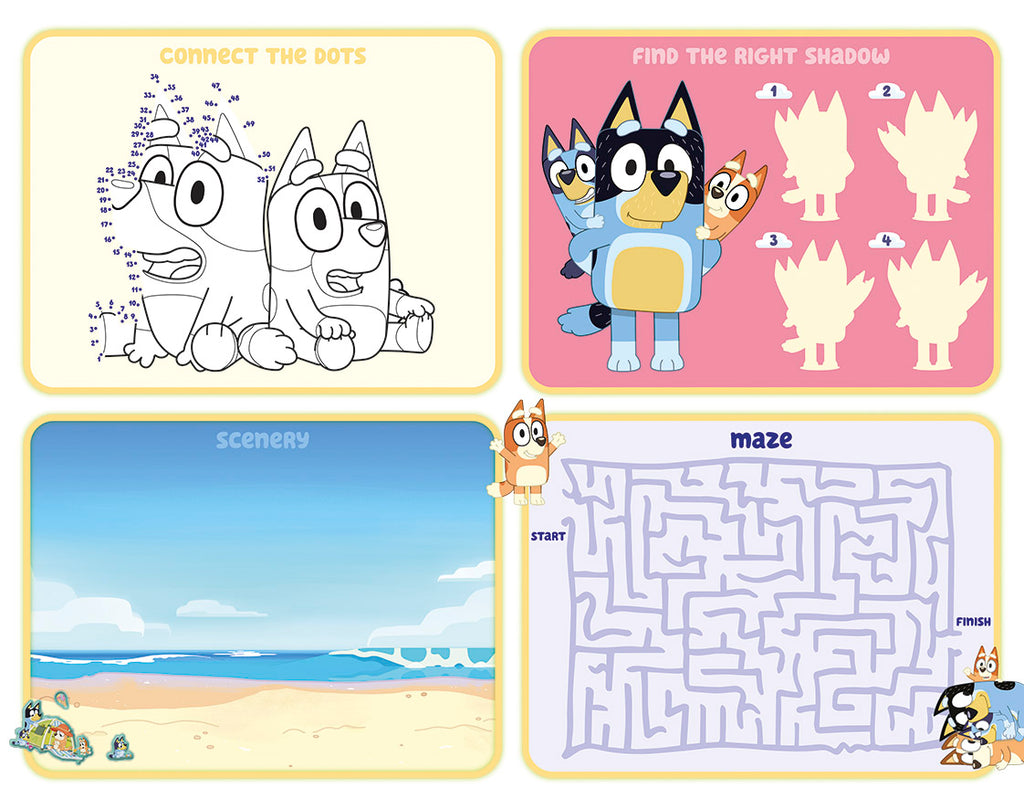 Cartões de jogos incluídos no Super Set Bluey, mostrando as atividades Ligar os Pontos, Labirinto e Encontrar a Sombra.