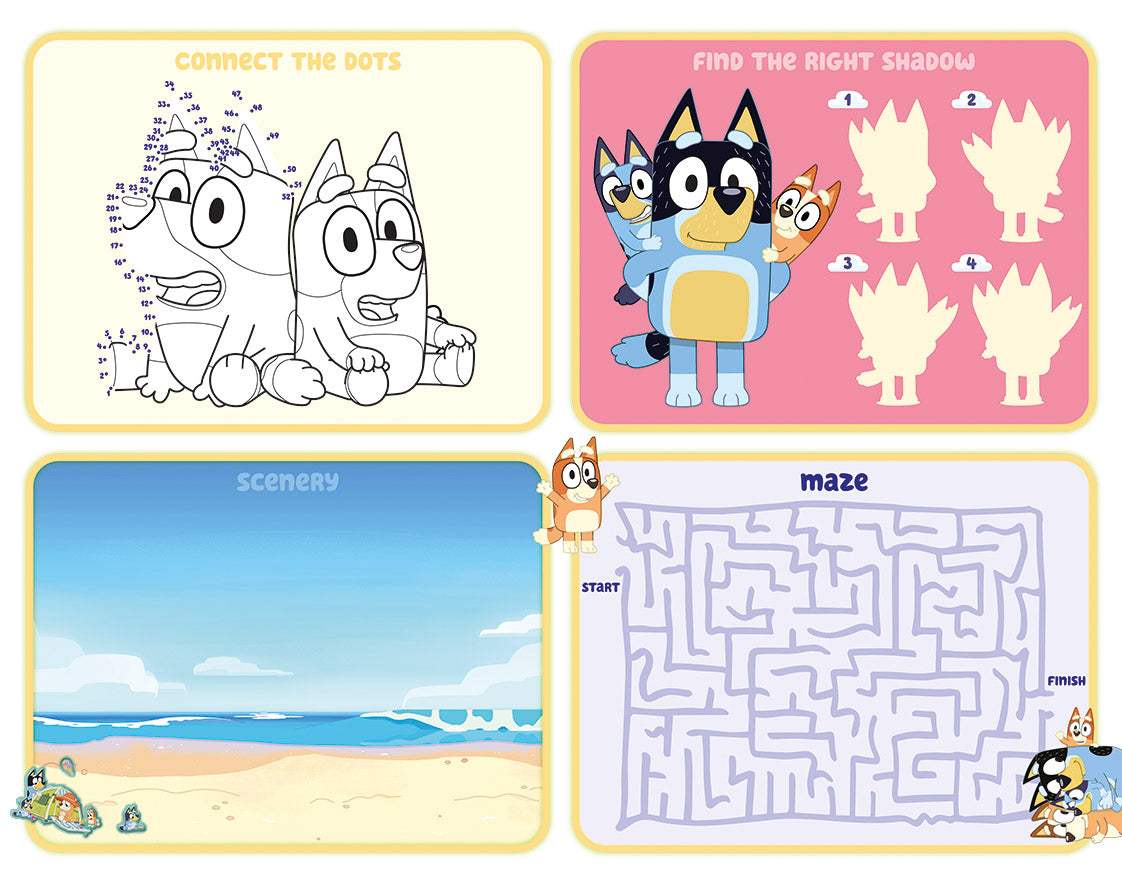 Cartões de jogos incluídos no Super Set Bluey, mostrando as atividades Ligar os Pontos, Labirinto e Encontrar a Sombra.