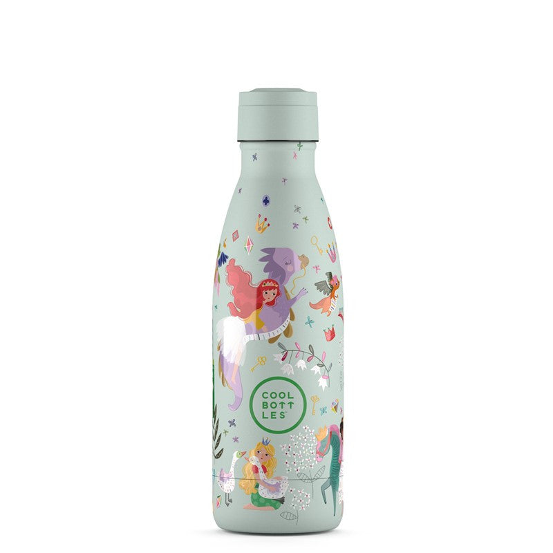 Garrafa térmica Cool Bottles Princess Kingdom 350ml, cor verde menta com ilustrações de princesas e criaturas mágicas, vista frontal.