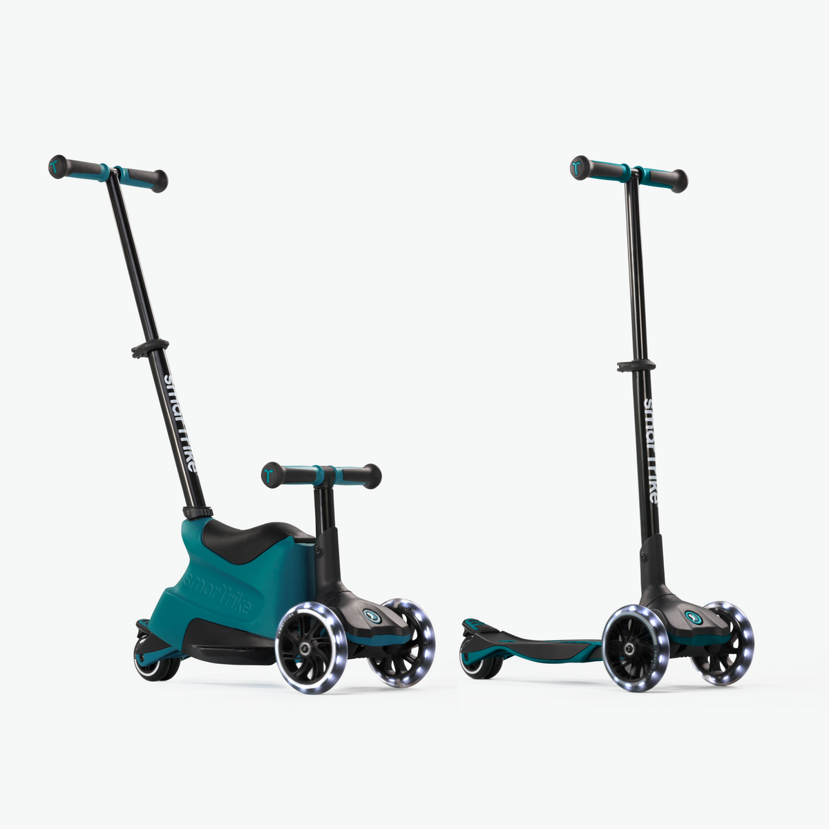 Os dois modos da Smartrike XTEND Ride-On: andarilho com assento e trotinete