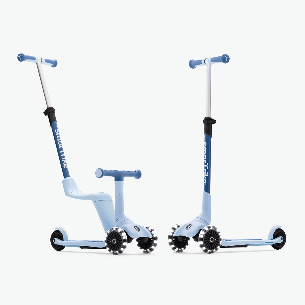 Smartrike XTEND Mini-Ride Azul em modo andarilho e em modo trotinete