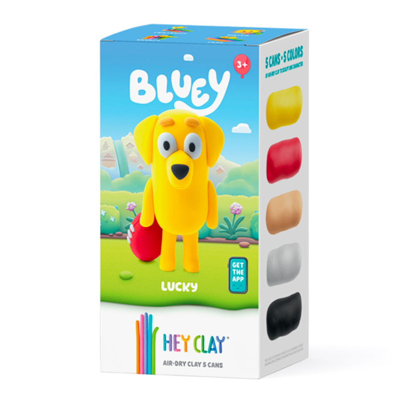 Caixa do HEY CLAY Conjunto de Pasta de Modelar Lucky da série Bluey, com 5 latas de pasta de secagem ao ar e a figura do Lucky.