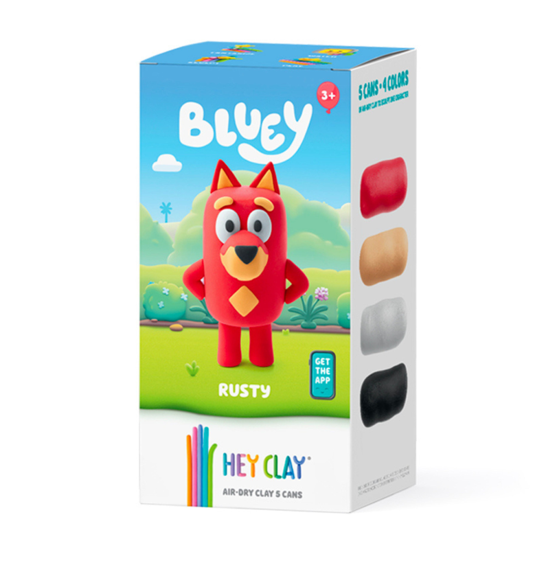 Caixa do conjunto HEY CLAY - Rusty da série Bluey, com 5 latas de pasta de modelar e indicação de idade 3+.
