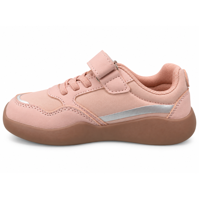Sapatilha barefoot Chetto repelente à água em rosa, vista lateral do pé direito, com risca prateada