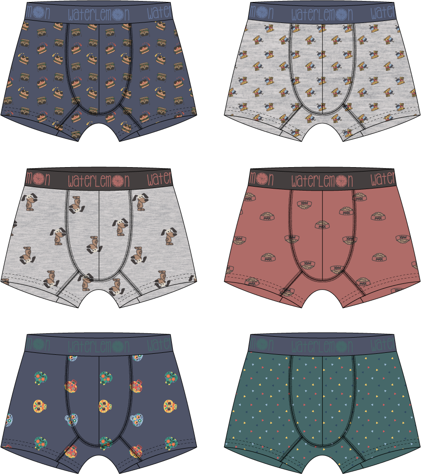 Conjunto de seis boxers Waterlemon para rapaz, exibindo padrões variados como cupcakes, cães, caveiras e formas geométricas, com cós elástico da marca.